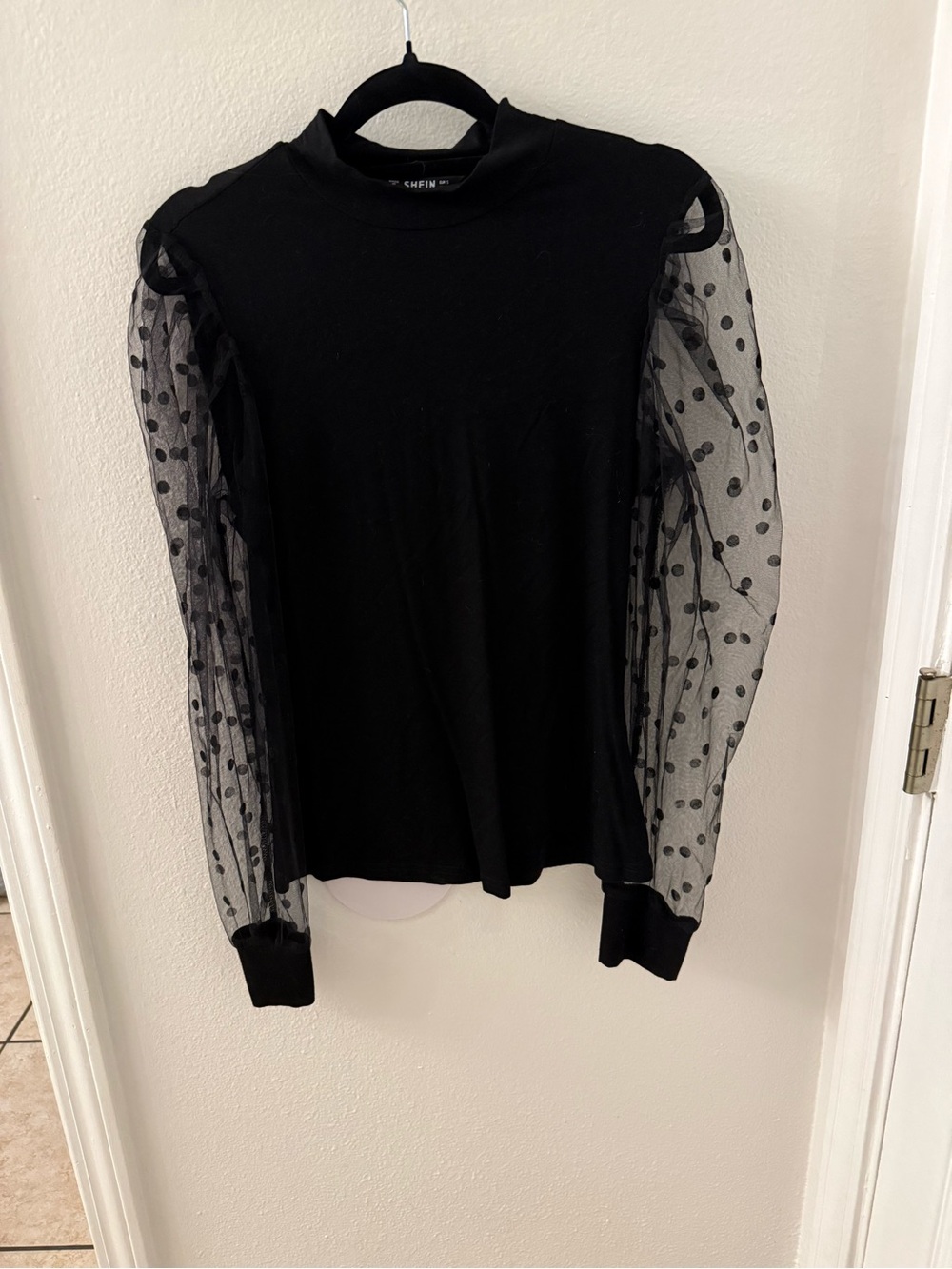 SHEIN Black Polka Dot Mesh Puff Sleeve Mock Neck Top